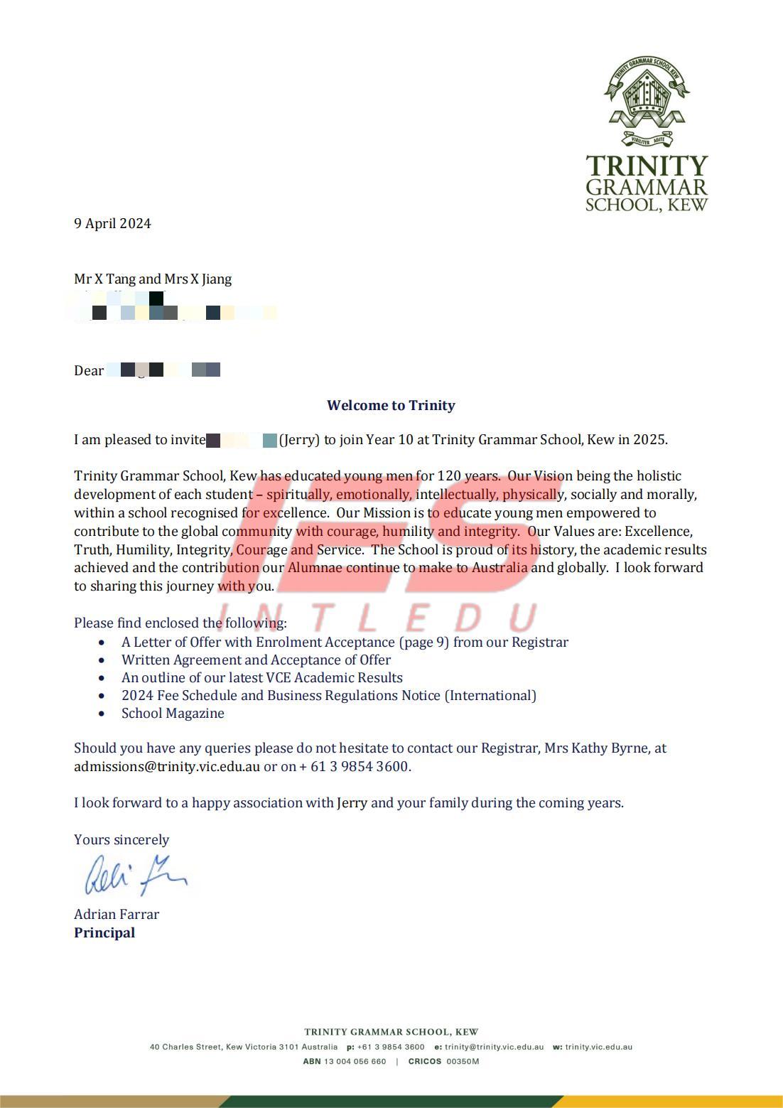 Trinity Grammar School, Kew - Letter of offer from the Principal - TANG, Ziqi (Jerry) - Year 10 2025_00.jpg